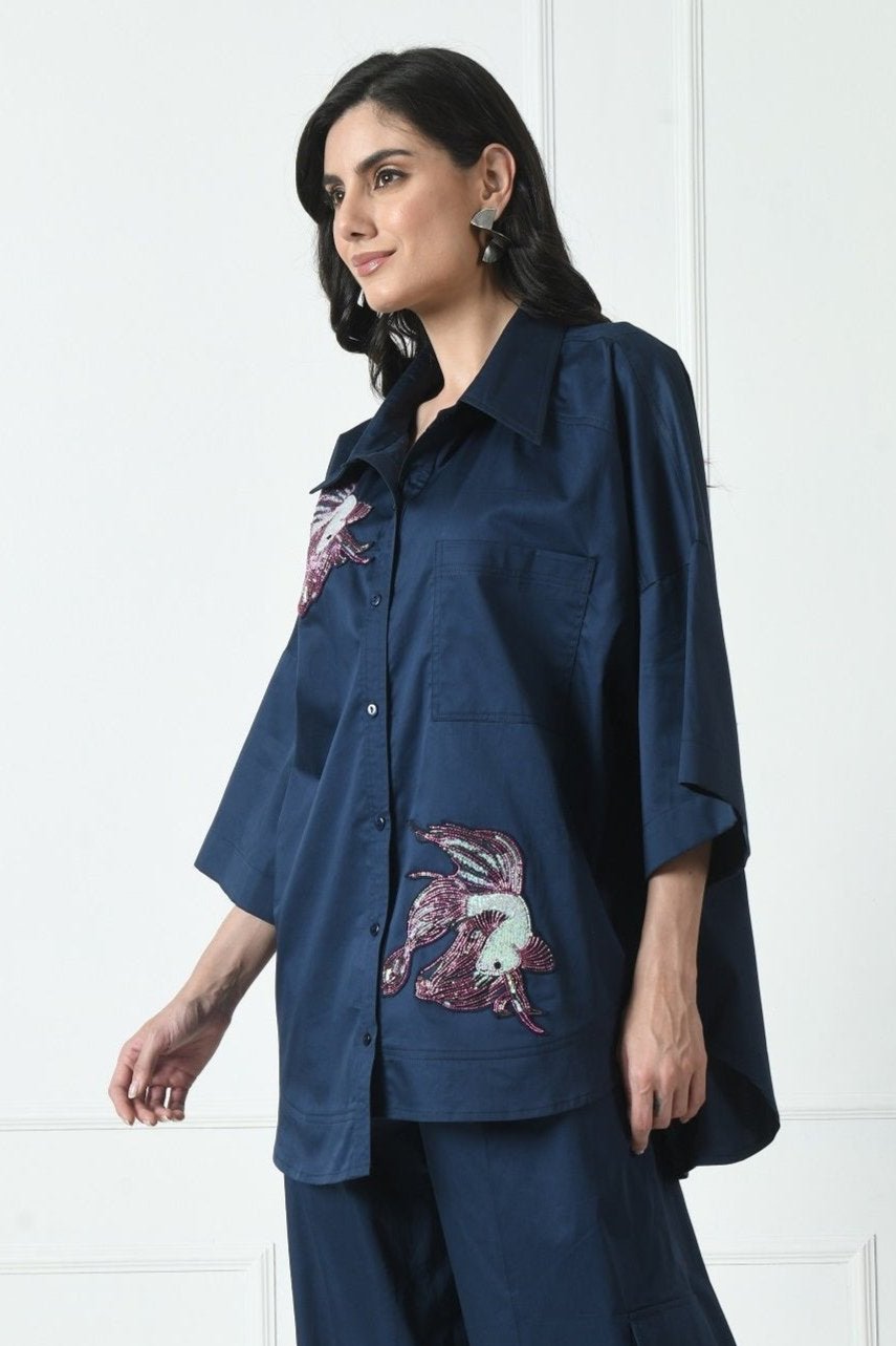 Navy Blue color shirt for women, Embroidered shirt for women, Cotton Shirt for women, Long Sleeve Shirt for women, High Low Shirt for women, Work Wear Shirt for women, Collard Shirt for women by White OwlStylish shirts for women, Printed shirts for women online, Classic white shirts women, Oversized shirts for casual wear, Trendy shirts for office wear, Luxe satin shirts for women, Top women’s shirts for summer